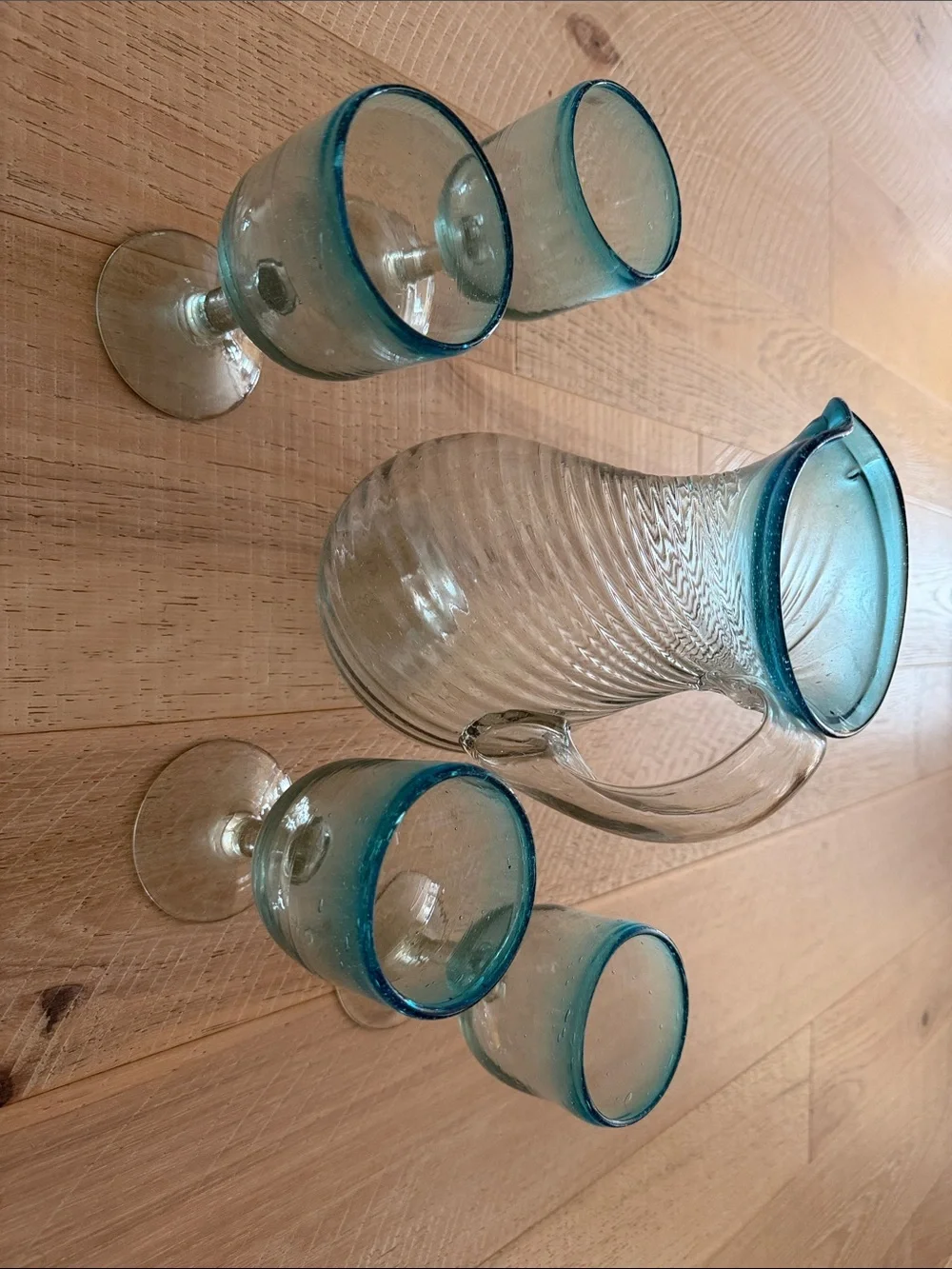 Clear Glass Pitcher and Goblet Set with Ocean Blue Rim - Home Dining